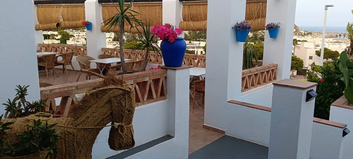 Terraza con figura de esparto y vistas al mar en El Dorado San José